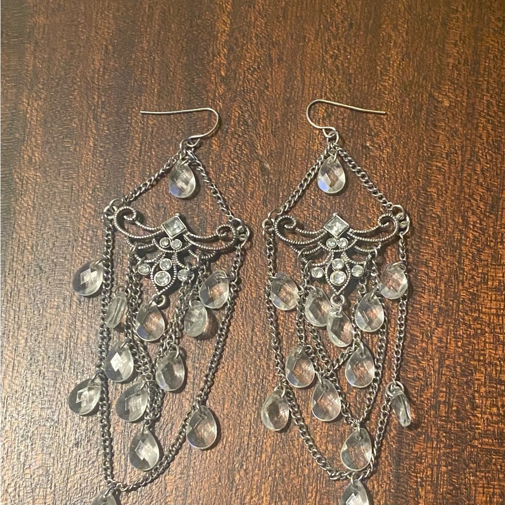 Vintage Silver-Tone Crystal Chandelier Drop Earrings - pierced